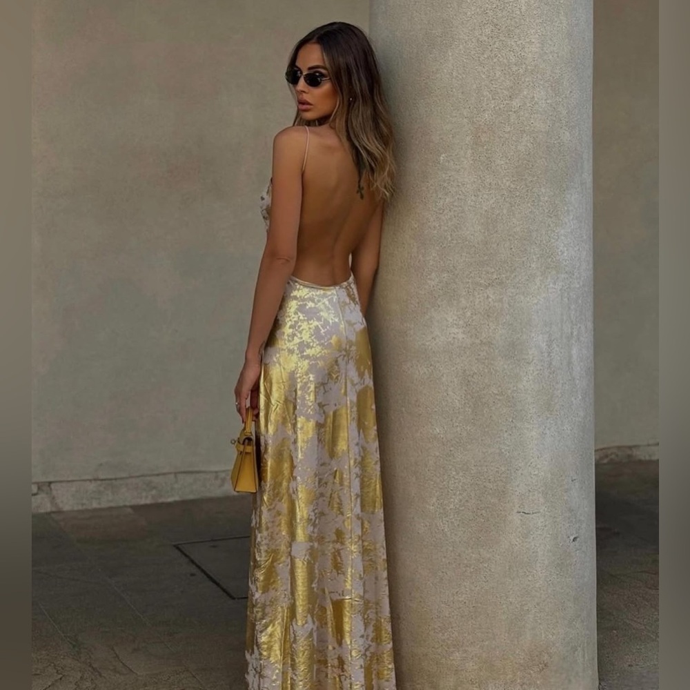 Metallic Print V-Neck Backless Slip Long Dress Commense CM4 size XS - Picture 8 of 9